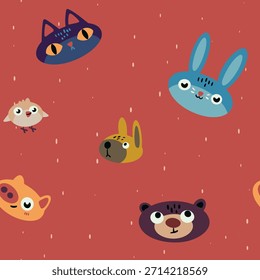 Patrón sin fisuras, lindo estampado infantil con caras de animales. Diseño de Fondo de pantalla para niños de animales divertidos dibujados a mano, cabeza de gato, pequeño oso, perro, cerdo, liebre abstracta sobre fondo rojo. Ilustración vectorial
