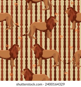 Seamless pattern with cute childish wild animals. Zoo with lions, tigers, cats, camels, stags, rhinos and giraffes. Suitable for children's textile designs, wrapping paper, backgrounds.