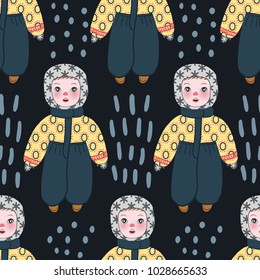 Seamless pattern with cute children boys in winter clothes on walk.