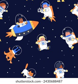 Seamless pattern with cute children, cat astronauts, spacecraft and alien in space. Cartoon galaxy children's design on starry night sky. Spacemen and martian or ufo characters illustration