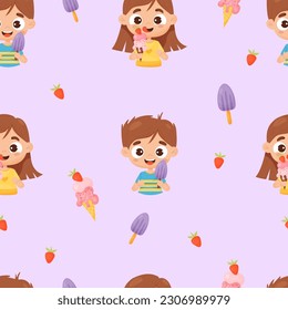 Seamless pattern with cute children girl and boy with ice cream on lilac background. Vector illustration in cartoon style. Summer funny kids collection
