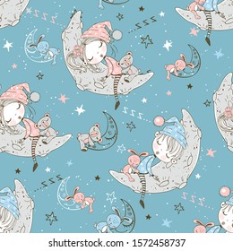 Seamless pattern with cute children in pajamas who sleep on the lunar months. Vector.