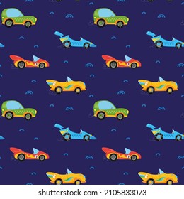 Seamless pattern with cute children's colorful cars on a blue background. Drawing for children's textiles with cars and transport, for boys. Vector illustration in a minimalistic flat style