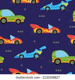 Seamless pattern with cute children's colorful cars on a blue background. Drawing for children's textiles with cars and transport, for boys. Vector illustration in a minimalistic flat style.