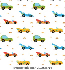 Seamless pattern with cute children's multi-colored cars on a white background. Drawing for children's textiles with cars and vehicles, for boys. Vector illustration in minimalistic flat style