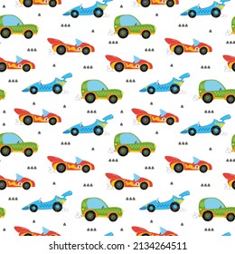 Seamless pattern with cute children's multi-colored cars on a white background. Drawing for children's textiles with cars and vehicles, for boys. Vector illustration in minimalistic flat style.