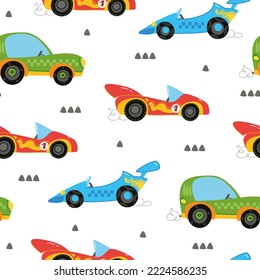 Seamless pattern with cute children's multi-colored cars on a white background. Drawing for children's textiles with cars and vehicles, for boys. Vector illustration in minimalistic flat style