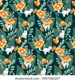 Seamless pattern, cute children's print: pretty hand drawn cats, white kittens among flowers, leaves. Adorable graphics for wallpaper, textile design with a light retro motif. Vector illustration.