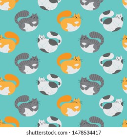 Seamless pattern of cute chilling cats lying on the side. Vector design illustration isolated on blue background.