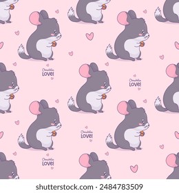 Seamless pattern with cute chinchilla on pink background with hearts. Funny cartoon kawaii animal rodent. Vector illustration. Kids collection.