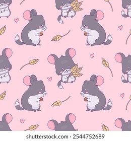 Patrón sin fisuras con chinchilla linda sobre fondo rosa con espiguillas. Divertido personaje de roedor animal kawaii de dibujos animados. Ilustración vectorial. Colección para niños