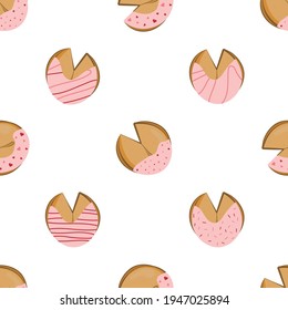 Seamless pattern with cute Chinese fortune cookies with pink icing. White background. Vector illustration.