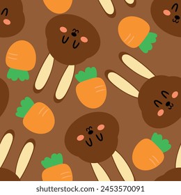 Seamless pattern with cute chocolate bunnies and carrots for fabric prints, textiles, gift wrapping paper. children's colorful vector, flat style