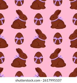 Seamless pattern with cute chocolate bunnies, eggs and violet bows on a pink background. Vector Easter editable background.	