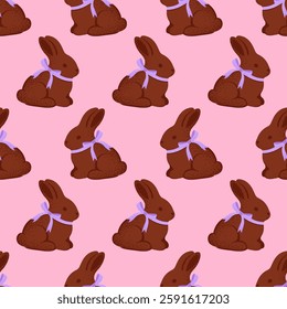 Seamless pattern with cute chocolate bunny and violet bow on pink background. Vector Easter editable background.