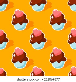 Seamless pattern with cute chocolate cupcakes over orange background