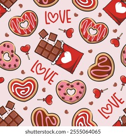 Seamless Pattern With Cute Chocolate And Love Sweet Donut, Valentine's Day Decorated Cookies Cartoon Illustration.