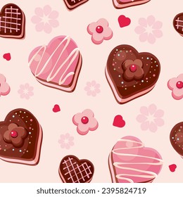 Seamless pattern with cute chocolate, pink hearts, candies, cakes, flowers. Valentine's day or wedding dessert background. 