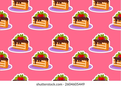 A seamless pattern with cute chocolate-drizzled cake slices topped with berries. Ideal for party prints, fabric designs, wallpaper, and wrapping paper