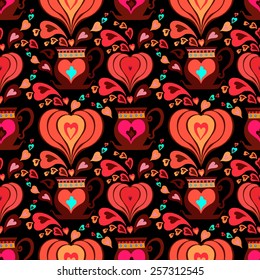 Seamless pattern with  cute chokolate cups and hearts on black background. Cute mugs with ornament on hearts background. 