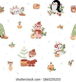 Patrón sin foco con lindos animales de Navidad y Santa sobre un fondo blanco. Se puede usar para papel de pared, envoltura de regalo, impresión en tela.Ilustración vectorial.
