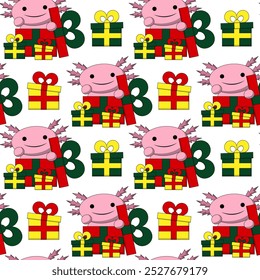 Seamless pattern with Cute Christmas Axolotl in gift box