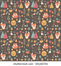 Seamless pattern with cute Christmas baby fox surrounded with floral decoration, vector illustration