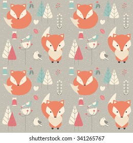 Seamless pattern with cute Christmas baby fox surrounded with floral decoration, vector illustration