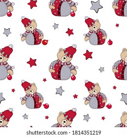 Seamless pattern with cute Christmas bear, red stars and Christmas balls on a white background. Perfect background for Christmas packaging and baby fabrics
