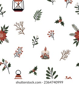 Seamless pattern with cute Christmas candles, mistletoe branches on a white background for textiles, scrapbooking paper, cards.