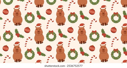 Nahtloses Muster mit süßer Weihnachts-Capybara. Neujahr Winterhintergrund mit Zuckerrohr, Baumspielzeug, heiliger Ast, Weihnachtskranz. Vektorhintergrund für Verpackungen, Textilien, Scrapbooking