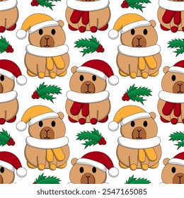 Seamless pattern with Cute Christmas Capybara Santa