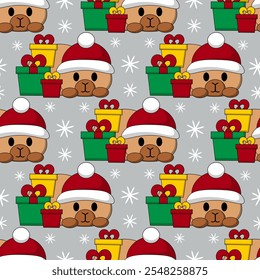 Seamless pattern with Cute Christmas Capybara and gift box