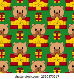 Seamless pattern with Cute Christmas Capybara in gift box