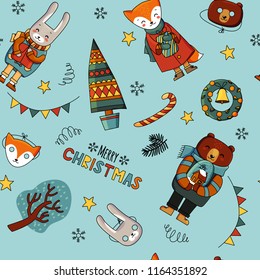 
Seamless pattern with cute 
Christmas сharacters in cartoon style