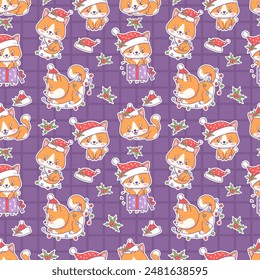 Seamless pattern with cute Christmas cartoon cat in Santa hat with festive garland and gift box on purple  checkered background. Vector illustration. Kids collection