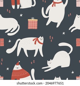 Seamless pattern with cute christmas cats. Hand drawn vector illustration for wrapping, textile