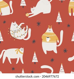 Seamless pattern with cute christmas cats. Hand drawn vector illustration for wrapping, textile.