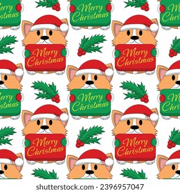 Seamless pattern with cute Christmas Corgi with congratulation