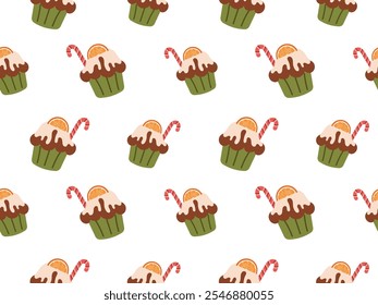 Padrão sem costura com cupcakes de Natal bonitos decorados com cobertura e laranja. Ilustração vetorial de cozedura de inverno em padrão contínuo perfeito para têxteis, fundo, papel de embrulho