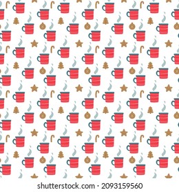 Seamless pattern, Cute Christmas decor with a mug of tea and gingerbread. Cocoa or coffee in a red cheerful cup. Cheerful children's print for textiles, postcards, clothes. Vector color illustration