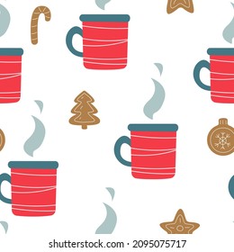 Seamless pattern, Cute Christmas decor with a mug of tea and gingerbread. Cocoa or coffee in a red cheerful cup. Cheerful children's print for textiles, postcards, clothes. Vector color illustration.