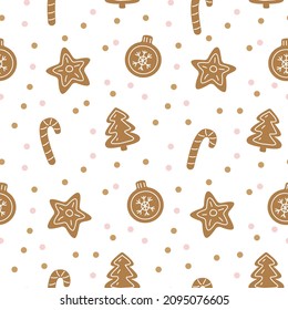 Seamless pattern, cute Christmas decor with gingerbread pattern. Cheerful children's print for textiles, cards, clothes. Vector illustration