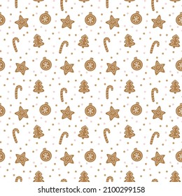 Seamless pattern, cute Christmas decor with gingerbread pattern. Cheerful children's print for textiles, cards, clothes. Vector illustration