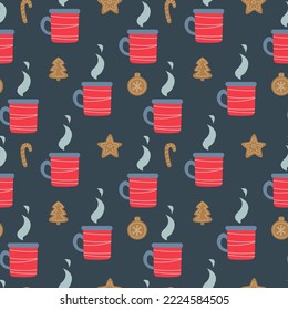 Seamless pattern, cute Christmas decor with a mug of tea and gingerbread on a gray background. Cocoa or coffee in a red cheerful cup. Cheerful children's print for textiles, postcards, clothes. Vector