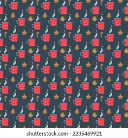Seamless pattern, cute Christmas decor with a mug of tea and gingerbread on a gray background. Cocoa or coffee in a red cheerful cup. Cheerful children's print for textiles, postcards, clothes. Vector