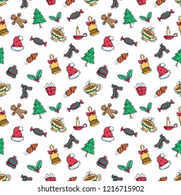 seamless pattern of cute christmas decoration with colored doodle style on white background