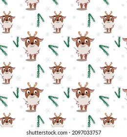 seamless pattern of cute christmas deer with fluffy white beard