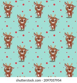 seamless pattern cute christmas deer in a warm scarf with garlands in its paws on a blue background