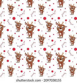 seamless pattern cute christmas deer in a warm scarf with garlands on a white background